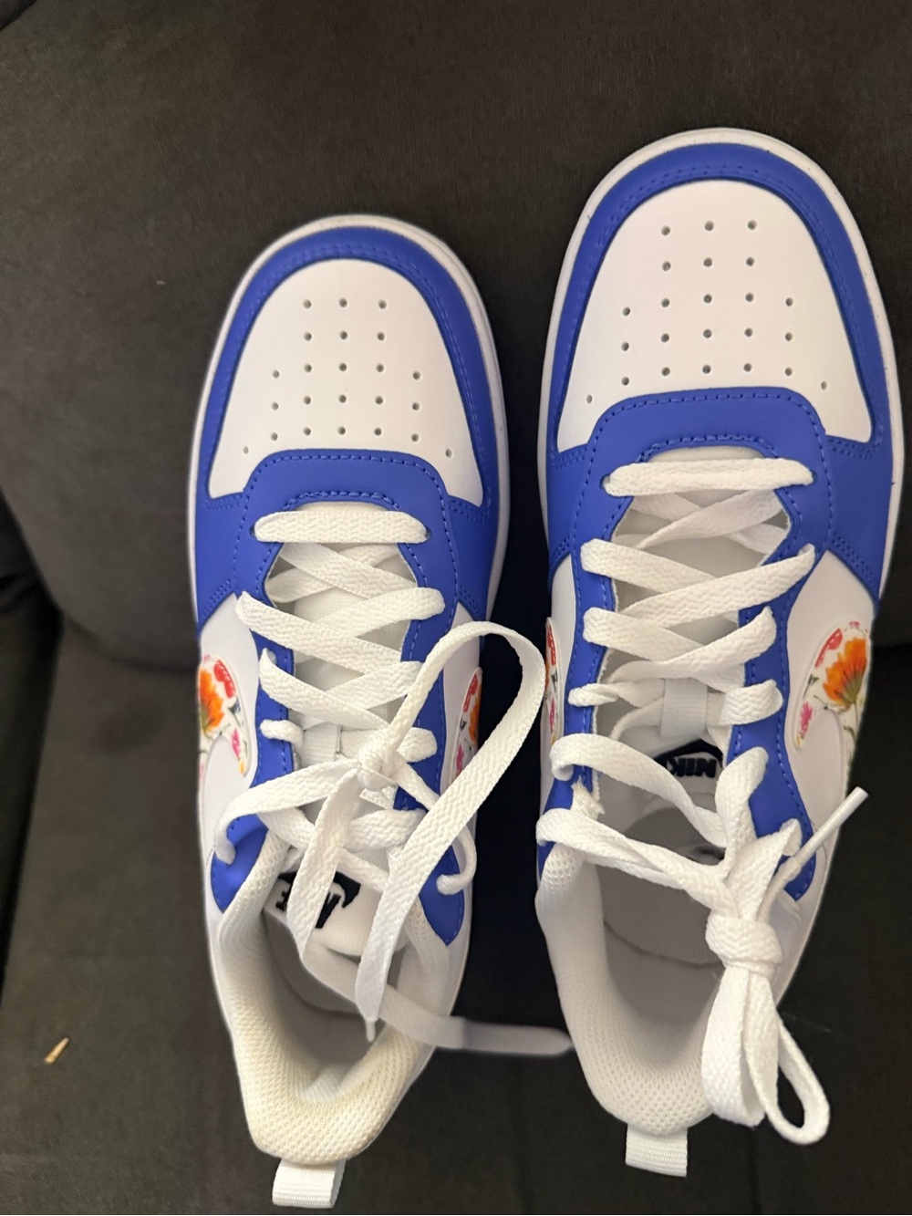 Nike Kids White and Royal Blue Sneakers with Floral Swoosh